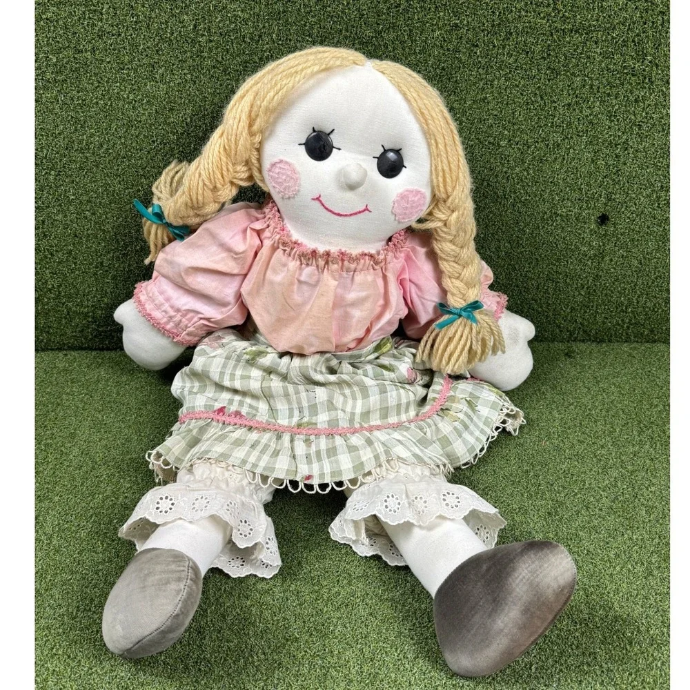 Vintage Raggedy Style Cloth Doll Yarn Braids Prairie Dress 23in‎ Plush Toy Decor